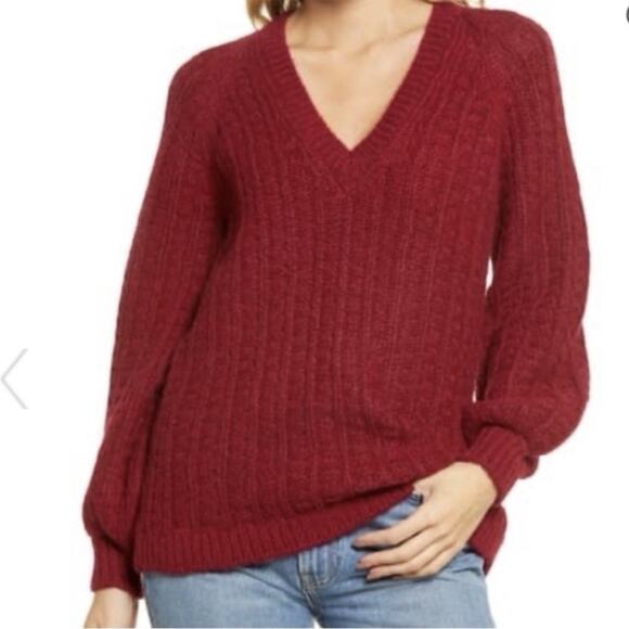 Faherty Aria Burgundy Wool and Alpaca Knit Sweater V-Neck Balloon Sleeves Size S - Picture 1 of 15